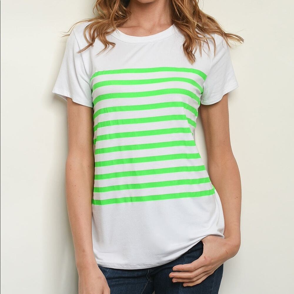 Neon Green Striped Tee Shirt Soft Stretch Short Sleeve Top